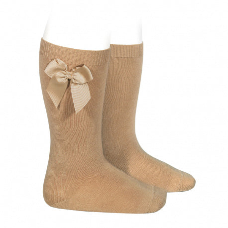 CONDOR Camel Grosgrain Knee High Bow Socks