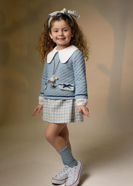 BASMARTI AW24 Blue Tweed Girls Drop Waist Dress - CLEARANCE SALE