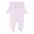 Blues Baby Sitges girls pink cotton babygrow with frilled shawl collar and double press stud fastening BB1761