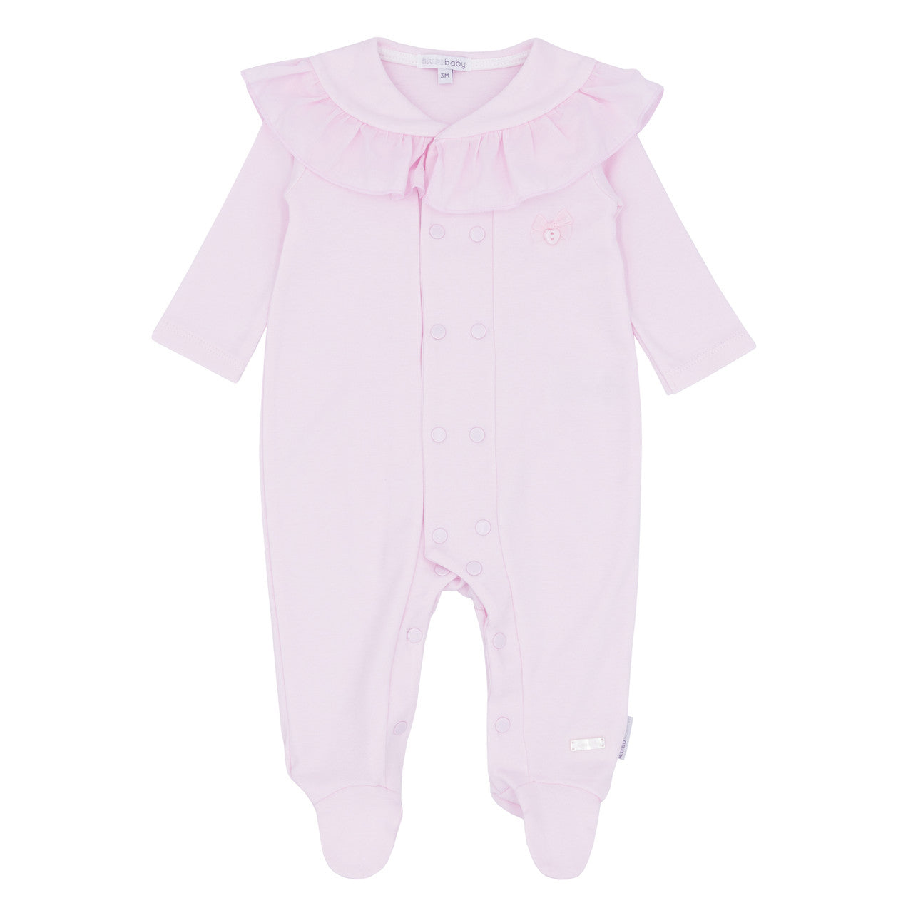 Blues Baby Sitges girls pink cotton babygrow with frilled shawl collar and double press stud fastening BB1761