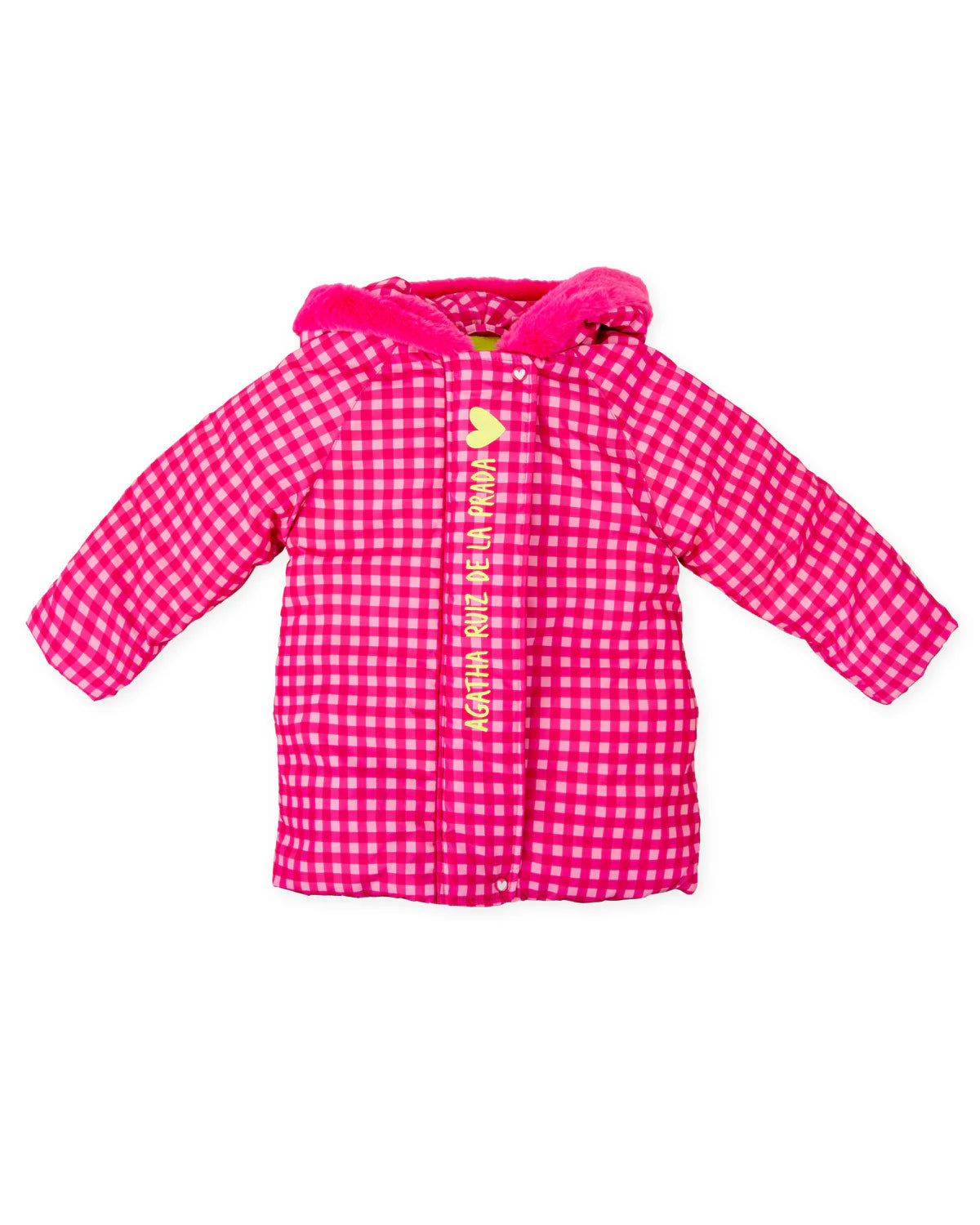 Agatha Ruiz de la Prada girls fuchsia pink check padded winter coat - detail view