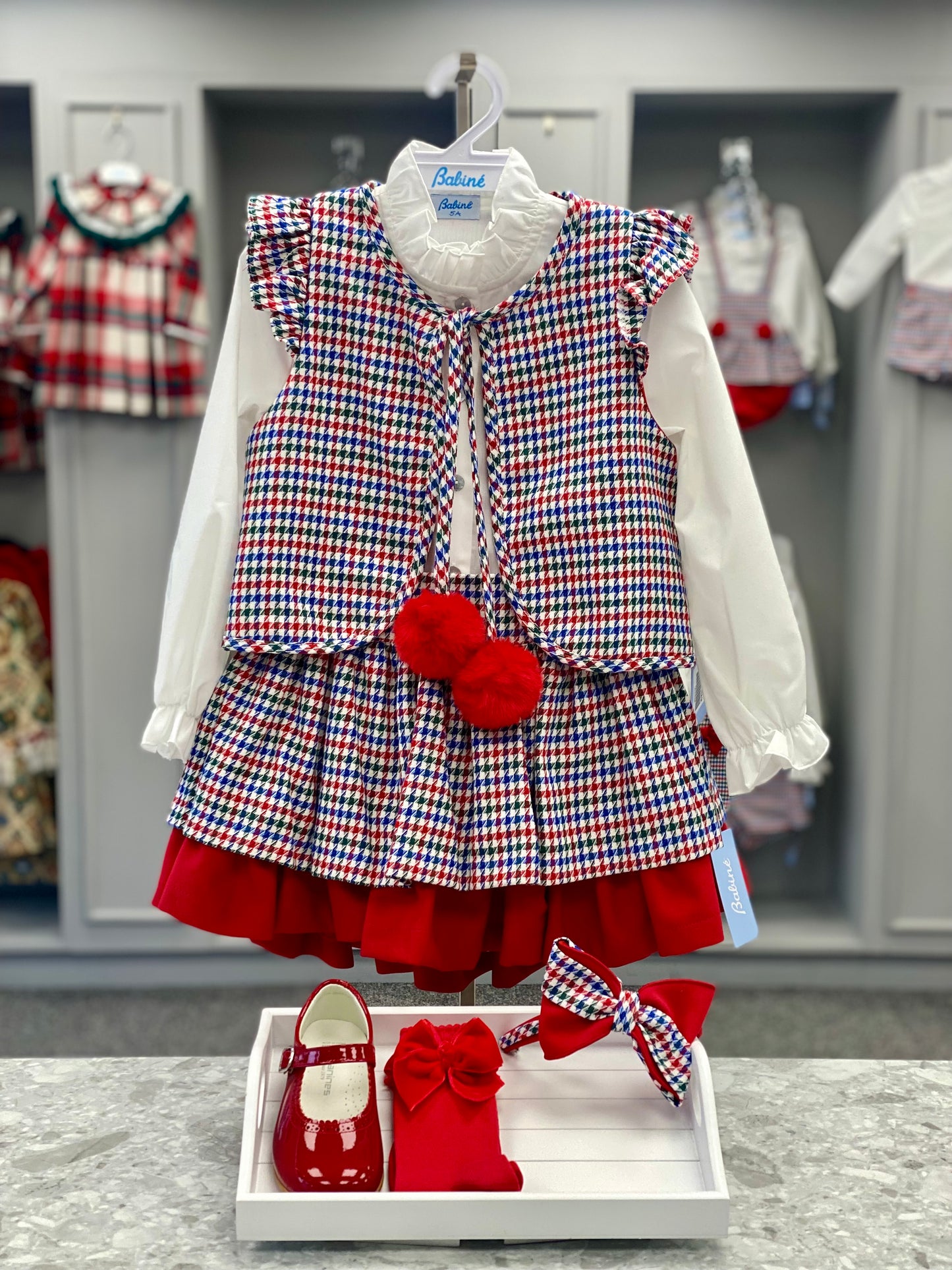 BABINE Red, Blue & Green Check Girls Three Piece Skirt Set - 2512707