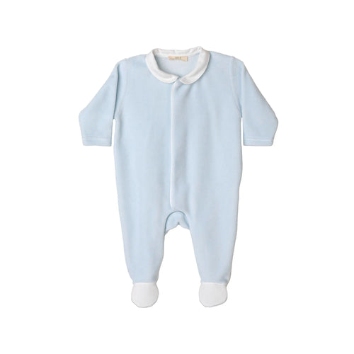 Baby Gi blue cotton velour babygrow with white piqué Peter Pan collar, concealed press stud fastening and angel wings detail on the back, made in Portugal - front view.