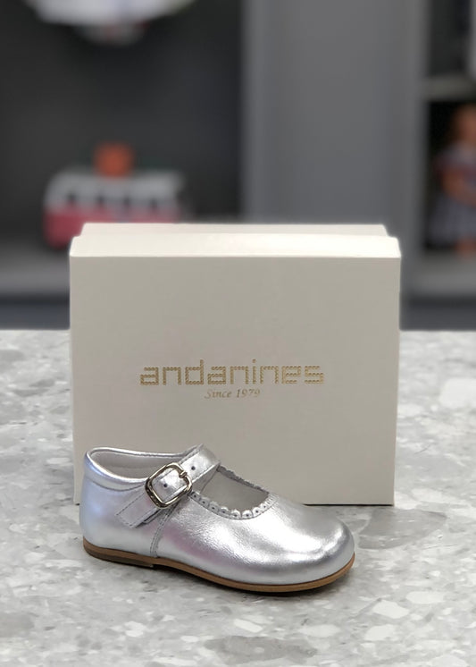 ANDANINES Silver Leather Baby Girls Mary Jane Shoes