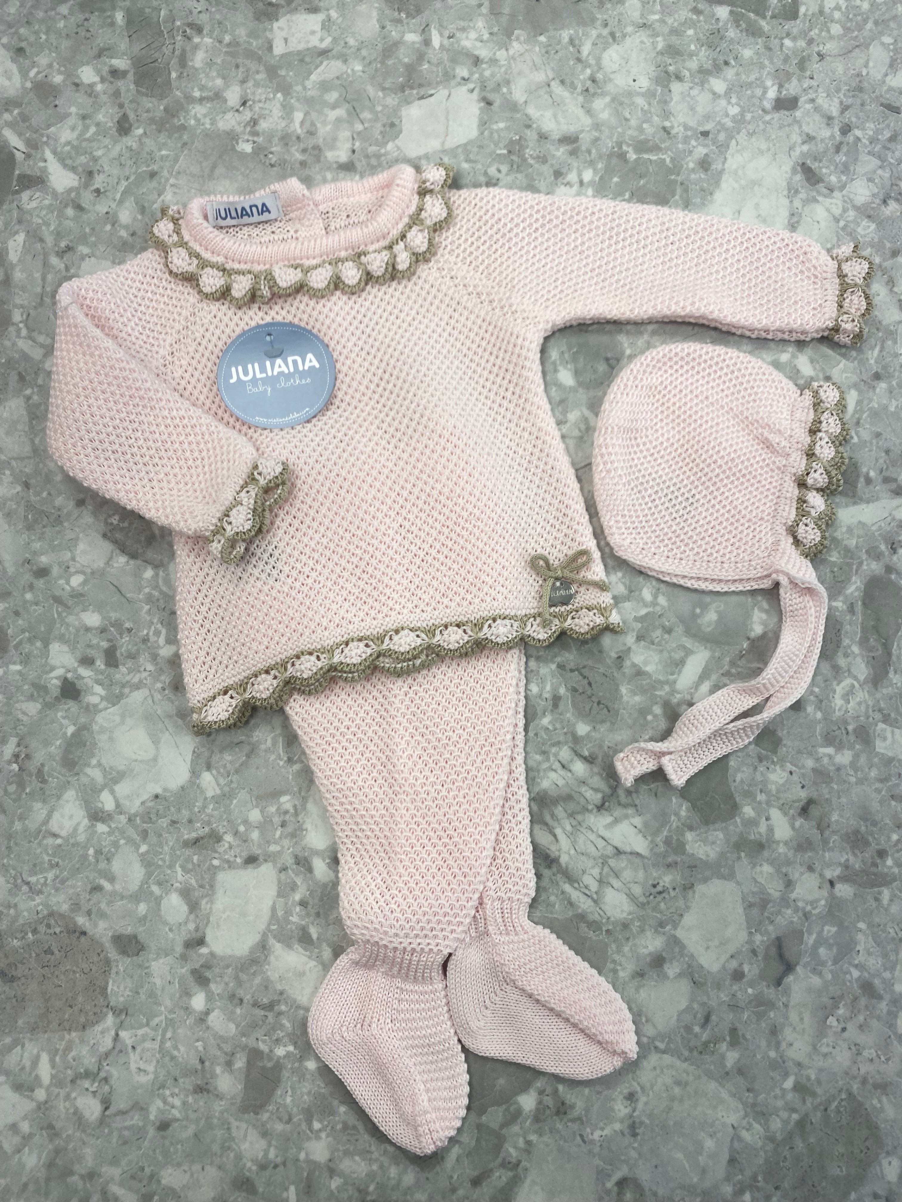 JULIANA Azahar Pink & Beige Knitted Set with Bonnet - 26028