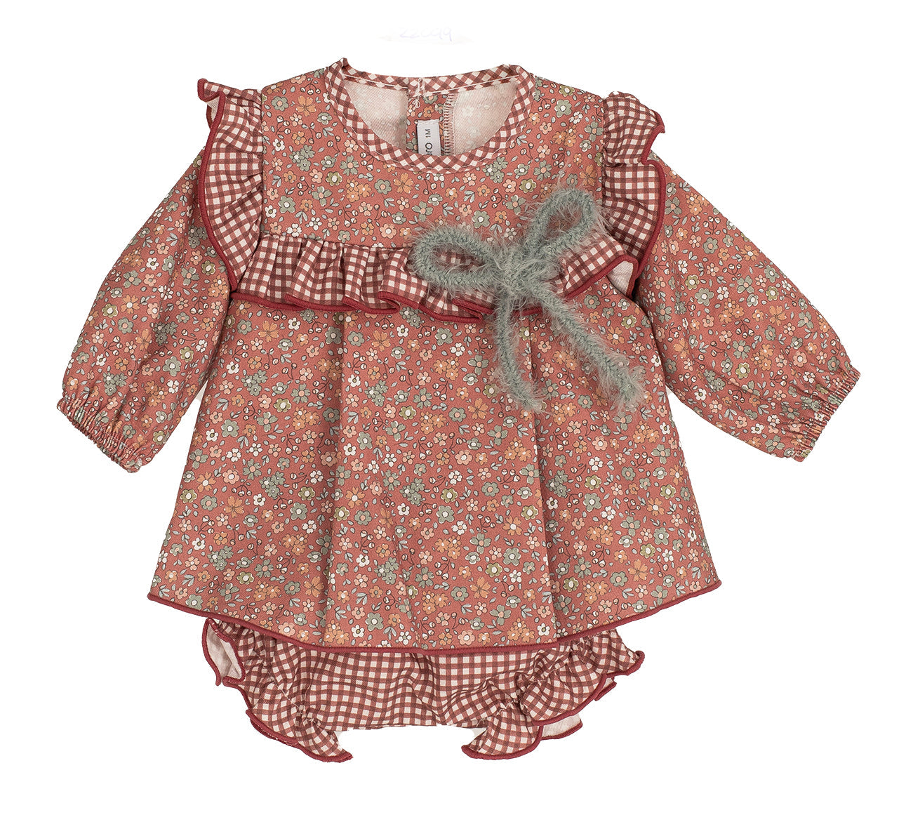 Calamaro Siroco terracotta floral dress with gingham trim and matching knickers