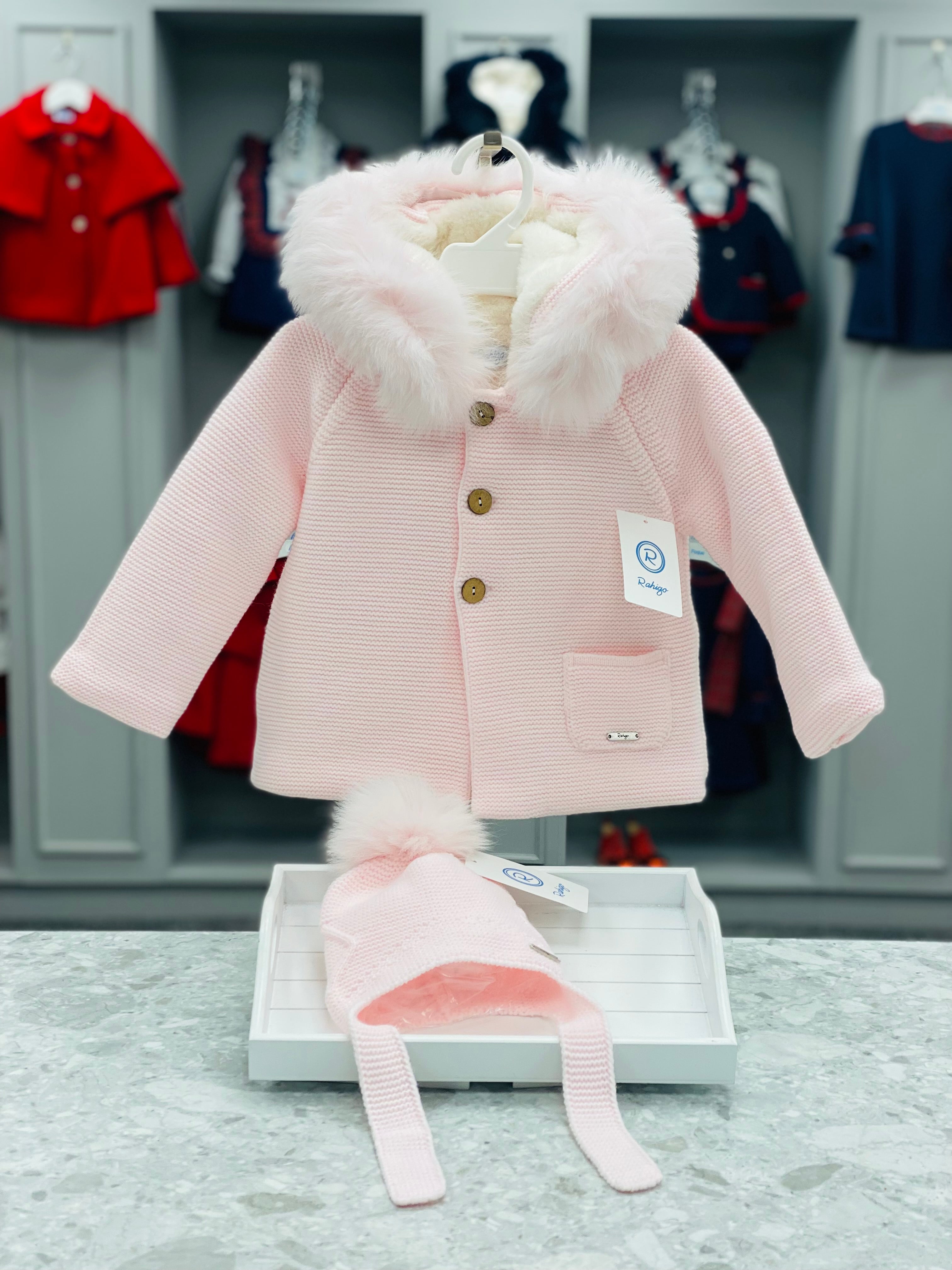 AW25 RAHIGO Baby Pink Girls Knitted Coat with Fur Hood - 252133