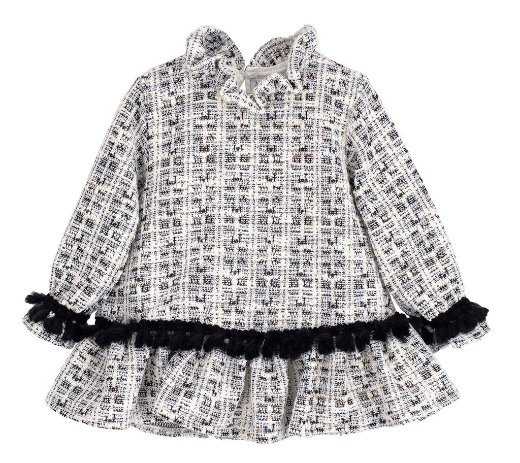 Calamaro Alisio girls black and white tweed drop-waist dress with black fluffy trim