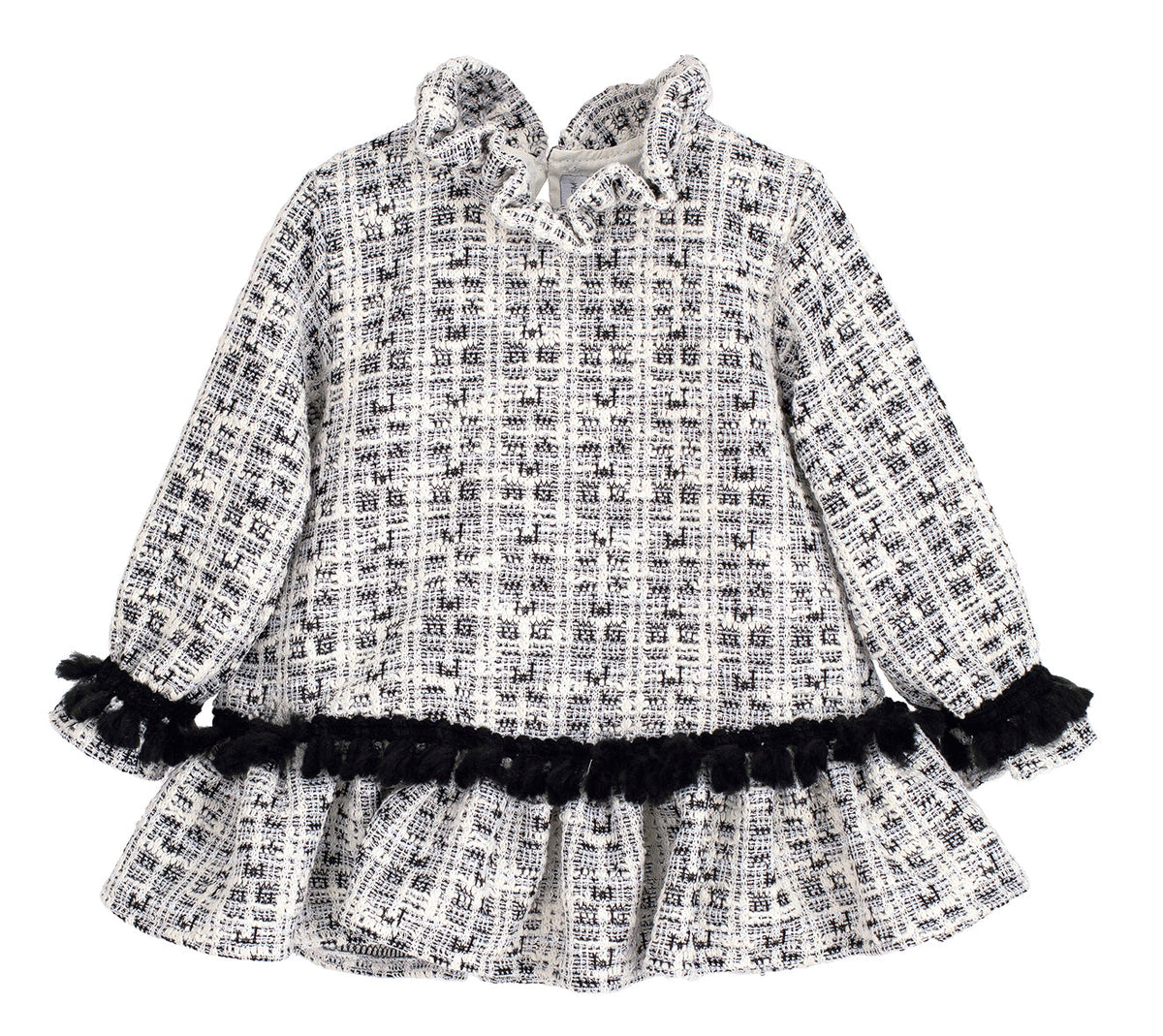 Calamaro Alisio girls black and white tweed drop-waist dress with black fluffy trim