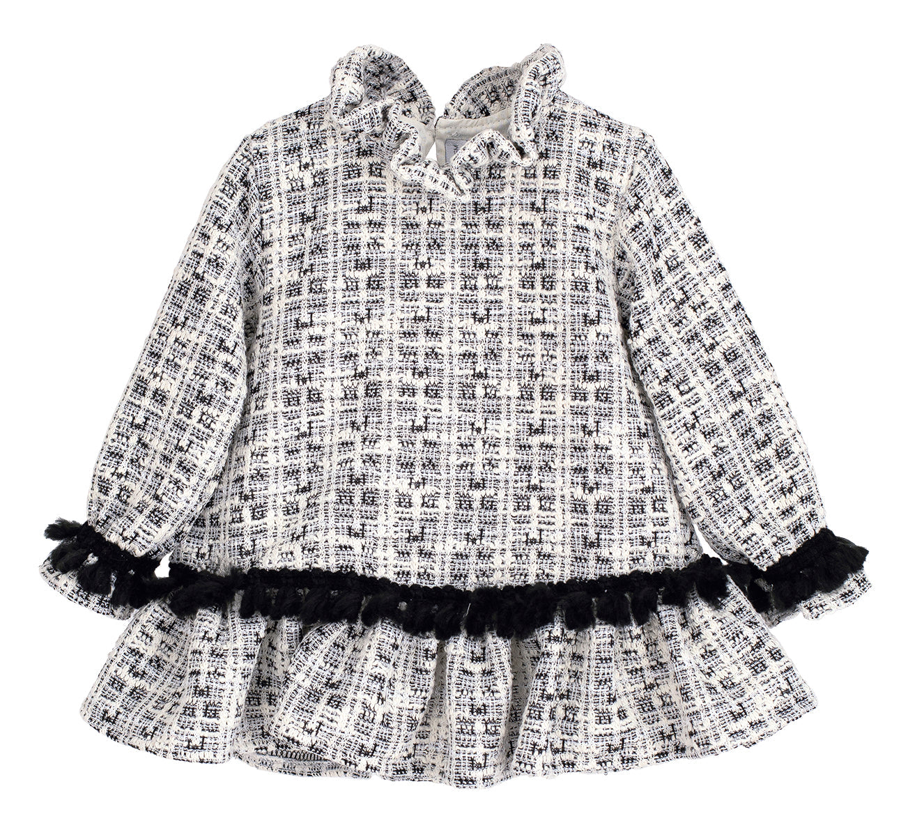 Calamaro Alisio girls black and white tweed drop-waist dress with black fluffy trim