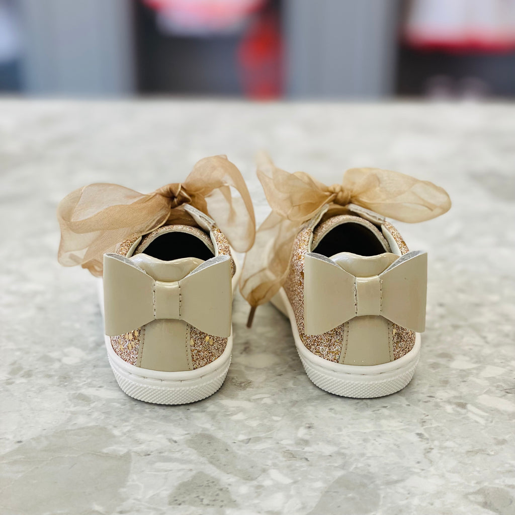 ANDANINES Beige Pearl Girls Leather Glitter Trainers