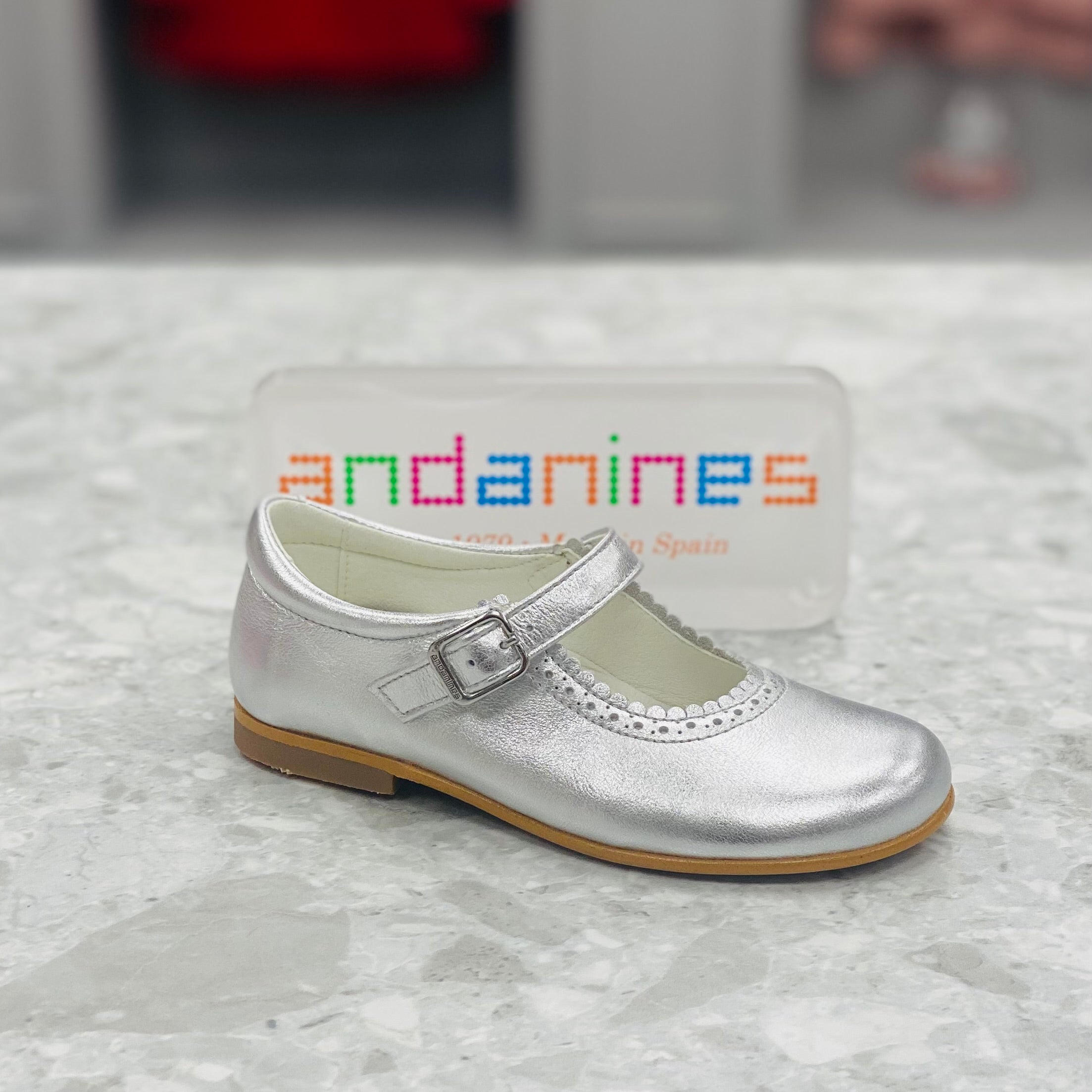 ANDANINES Silver Girls Leather Mary Jane Shoes