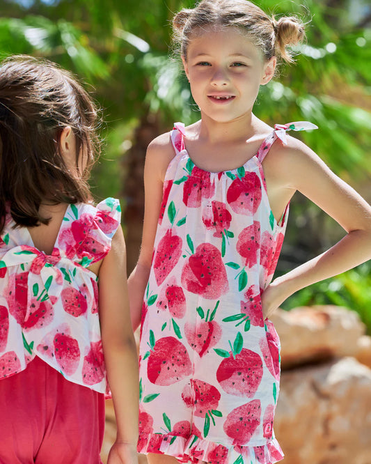 Girls wearing TUTTO PICCOLO Costa Rica Girls Strawberry Print Playsuit