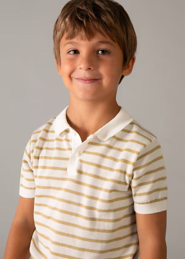 Boy wearing the Mayoral ivory and beige striped knitted polo top