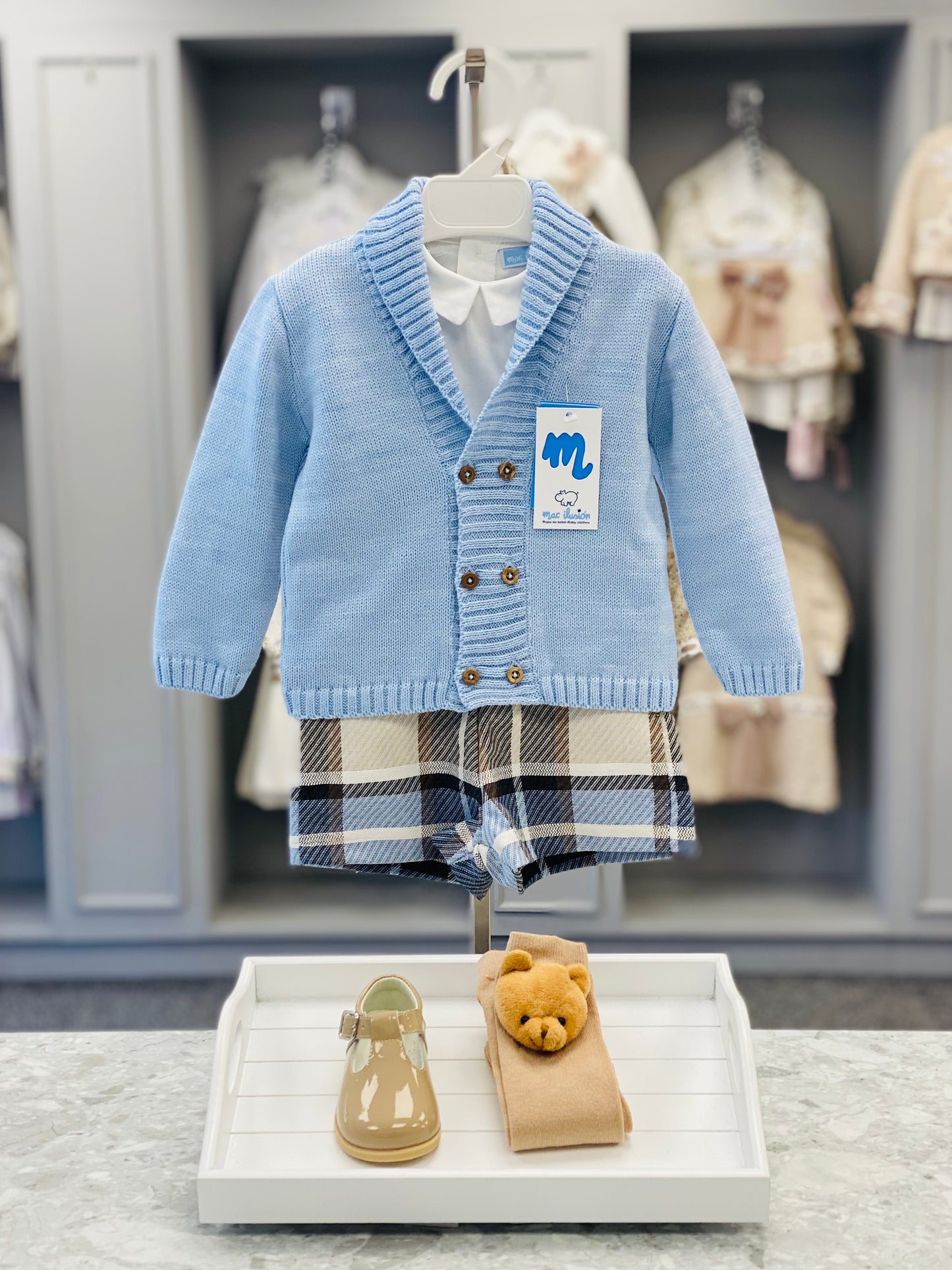 AW25 MAC ILUSION Dots Boys Blue Check Short Set with Cardigan - 9942