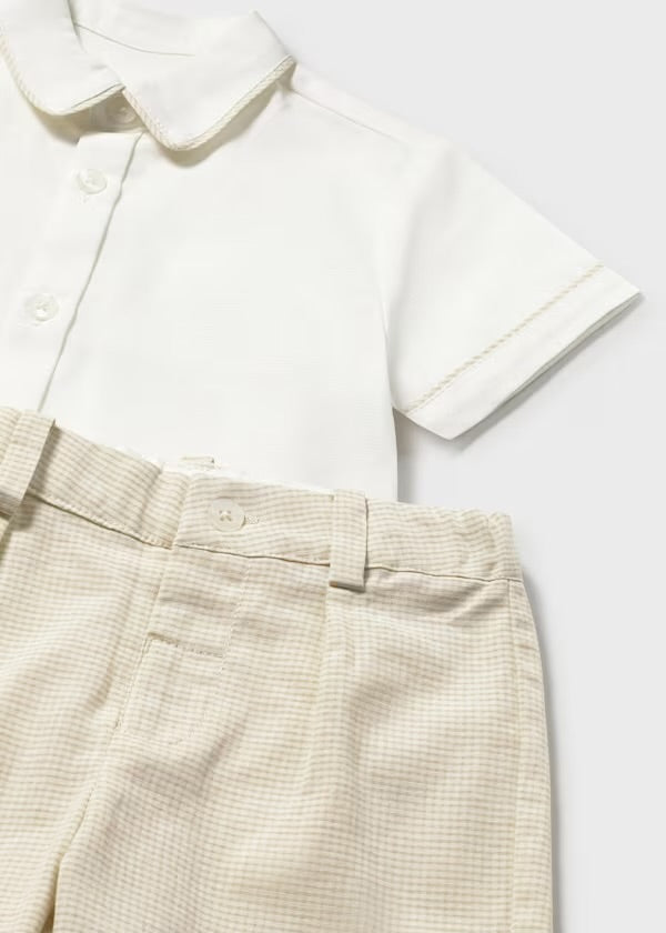 Mayoral oat cardigan, ivory shirt and checked shorts outfit detail