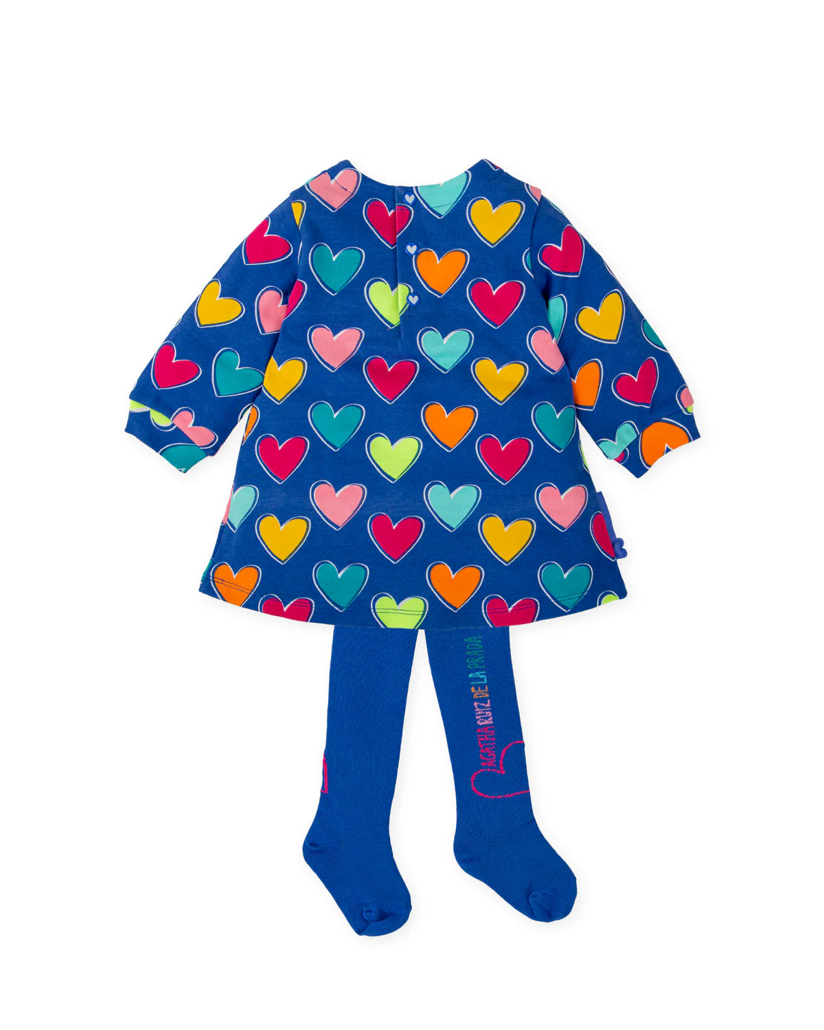 Electric-blue girls dress with an all-over multicoloured heart print