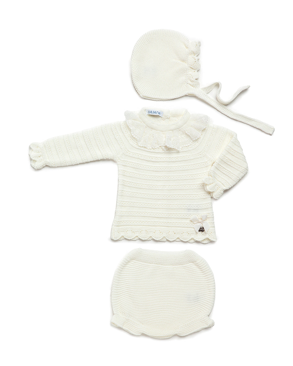 JULIANA Dulzura Baby Girls Cream Knitted Jam Pant Set with Bonnet - 24576