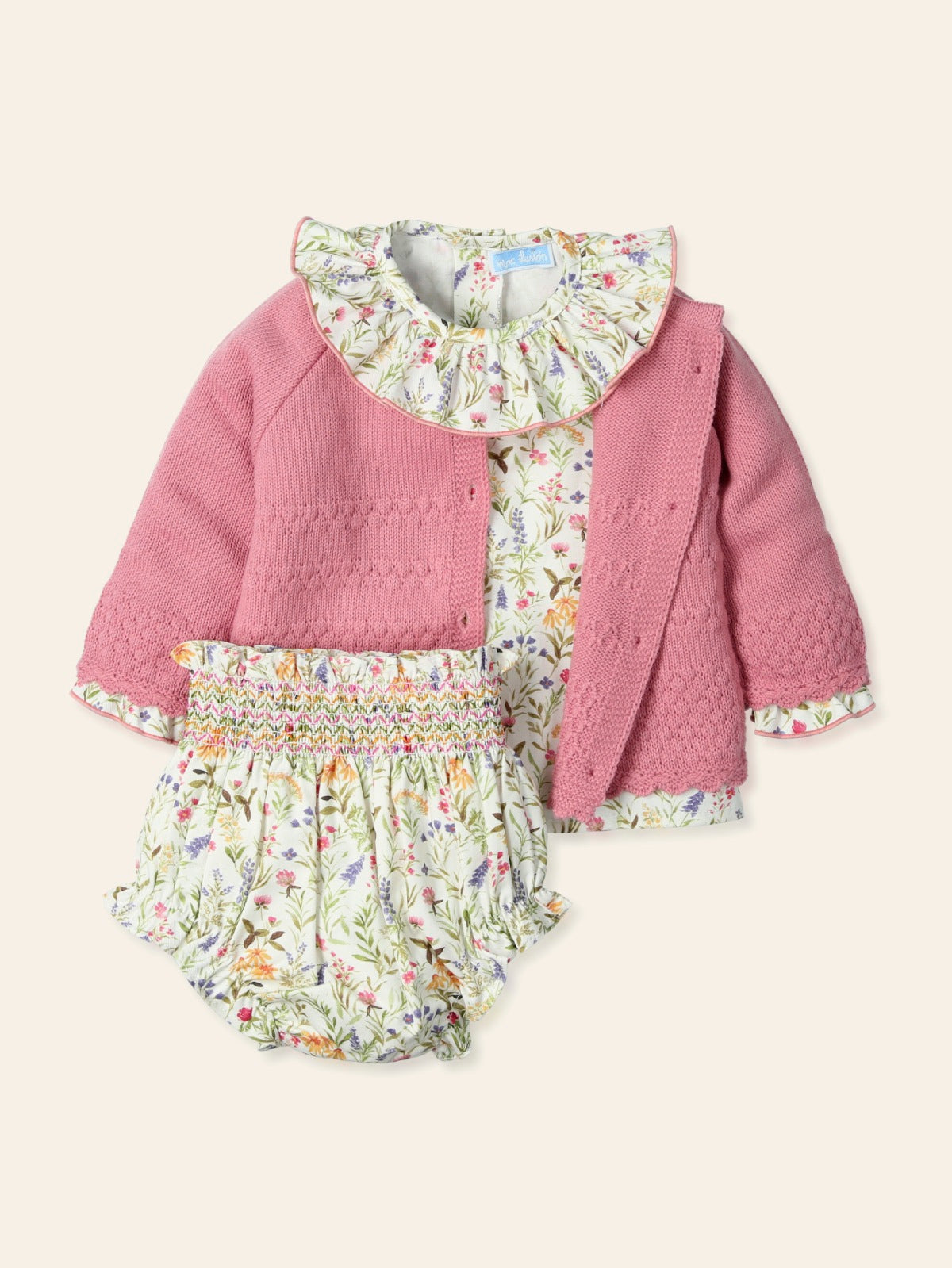 MAC ILUSION Disfrutar Girls Pink Floral Smocked Jam Pant Set with Cardigan - 9547