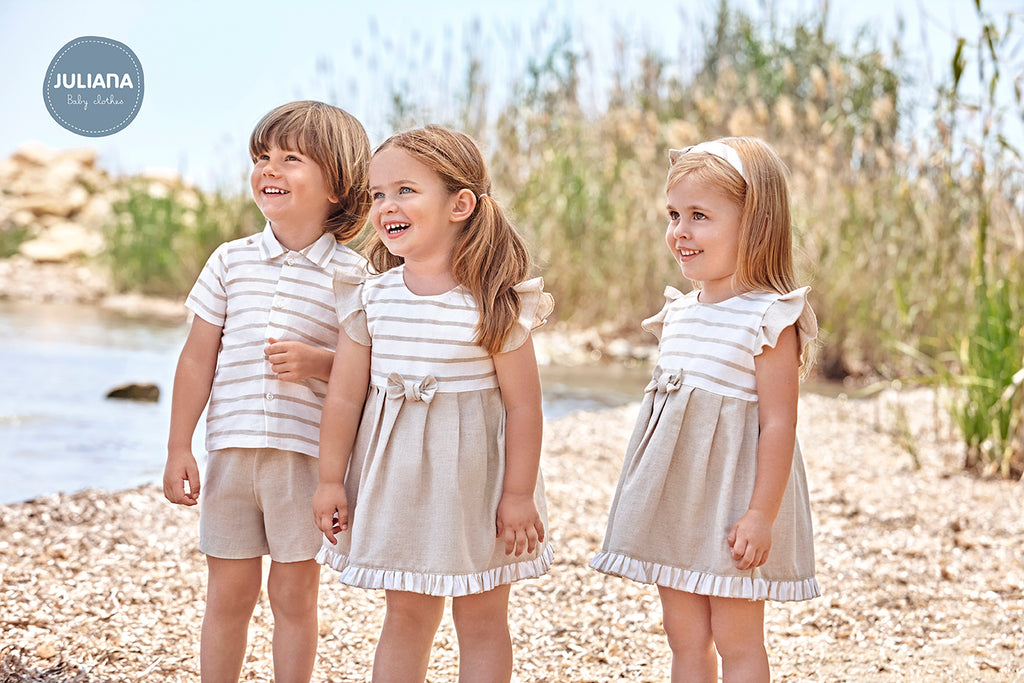 JULIANA Cap Negre Girls Beige & Cream Linen Dress