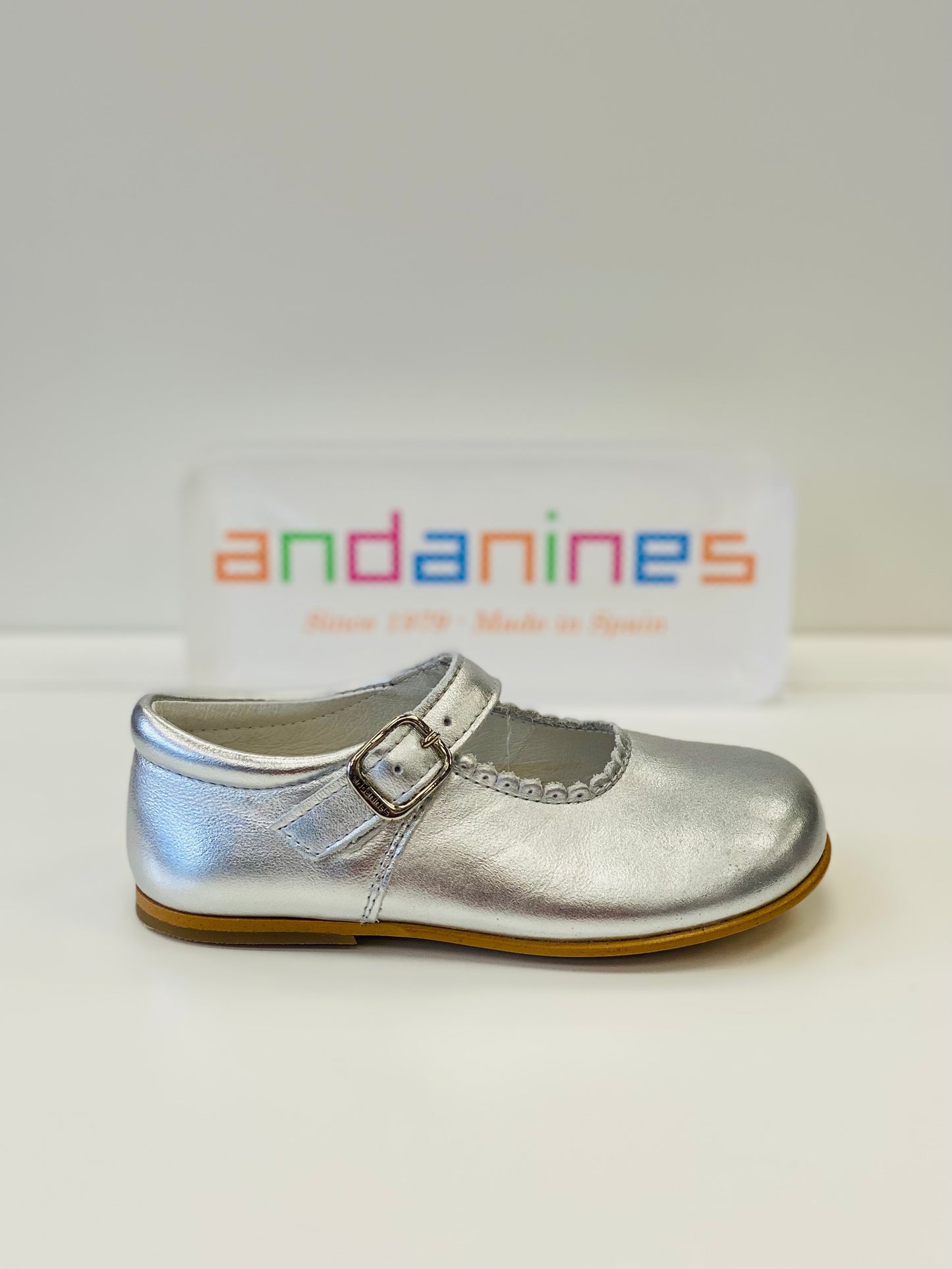 ANDANINES Baby Girls Silver Leather Mary Jane Shoes