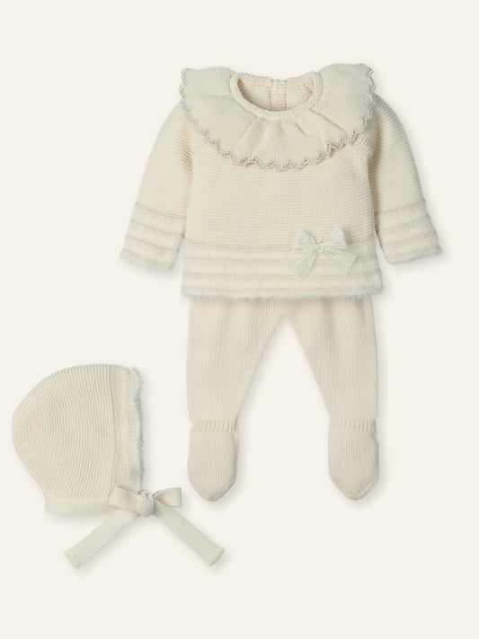 AW25 MAC ILUSION Feather Natural Girls Cream & Gold Knitted Set with Bonnet - 9811