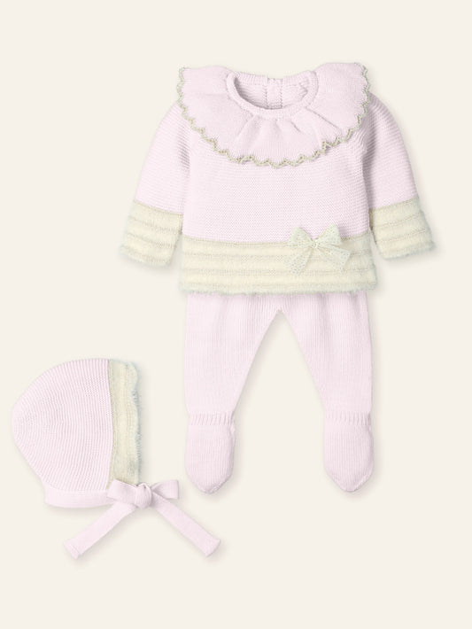 AW25 MAC ILUSION Feather Natural Girls Pink & Gold Knitted Set with Bonnet - 9811