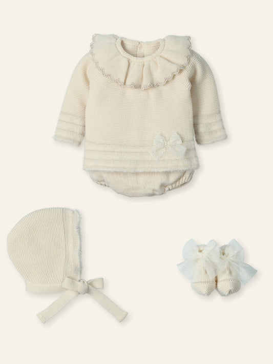 AW25 MAC ILUSION Feather Natural Girls Cream & Gold Jam Pant Set with Bonnet & Booties - 9833
