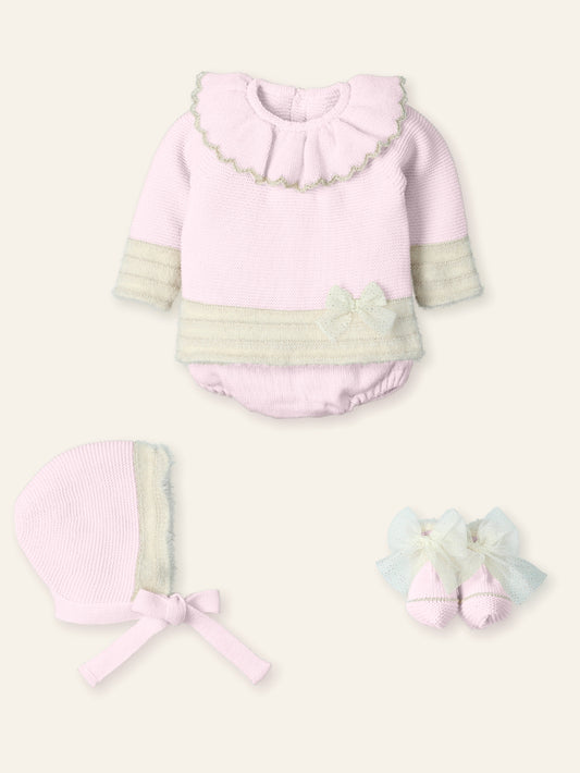 AW25 MAC ILUSION Feather Natural Girls Pink & Gold Jam Pant Set with Bonnet & Booties - 9833