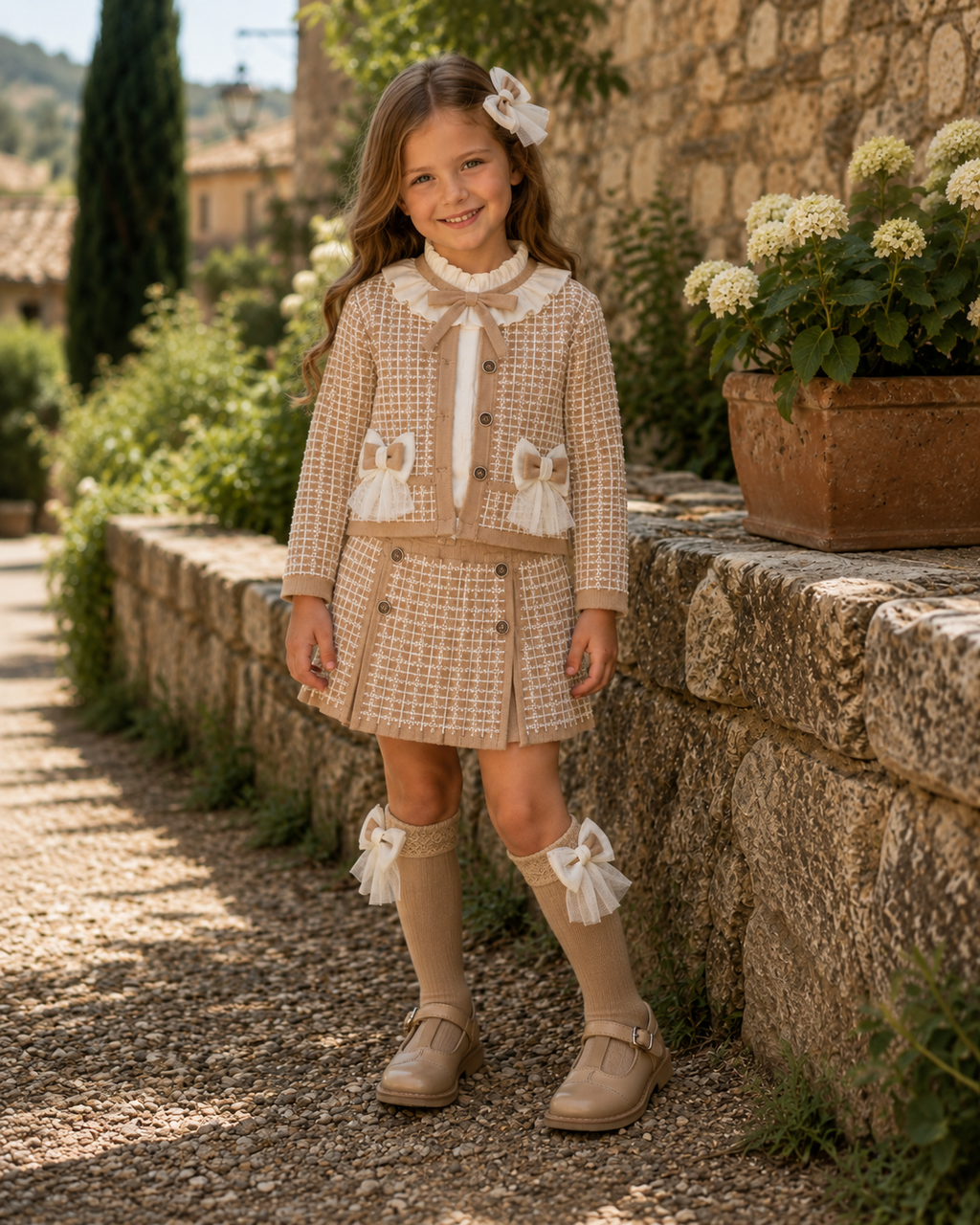 Girl wearing Rahigo camel & cream skort set with tulle bows.