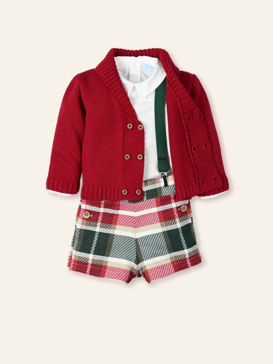 AW25 MAC ILUSION Instantes Magicos Boys Red & Green Check Short Set with Cardigan & Braces - 9942