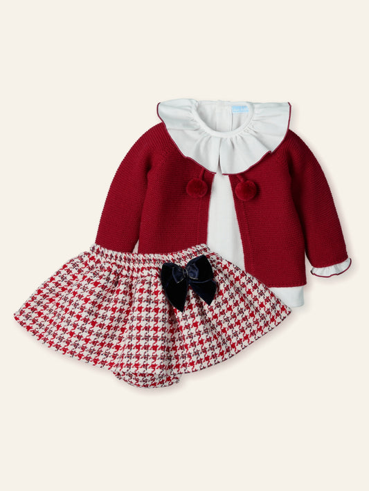 AW25 MAC ILUSION Instantes Magicos Girls Red Houndstooth Jam Pant Set with Cardigan - 9949