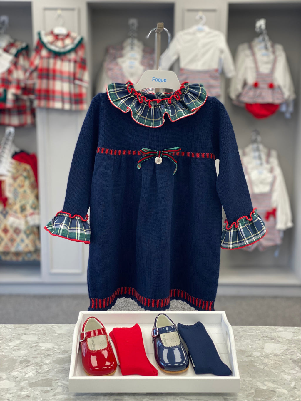 FOQUE Navy Tartan Girls Dress - CLEARANCE SALE
