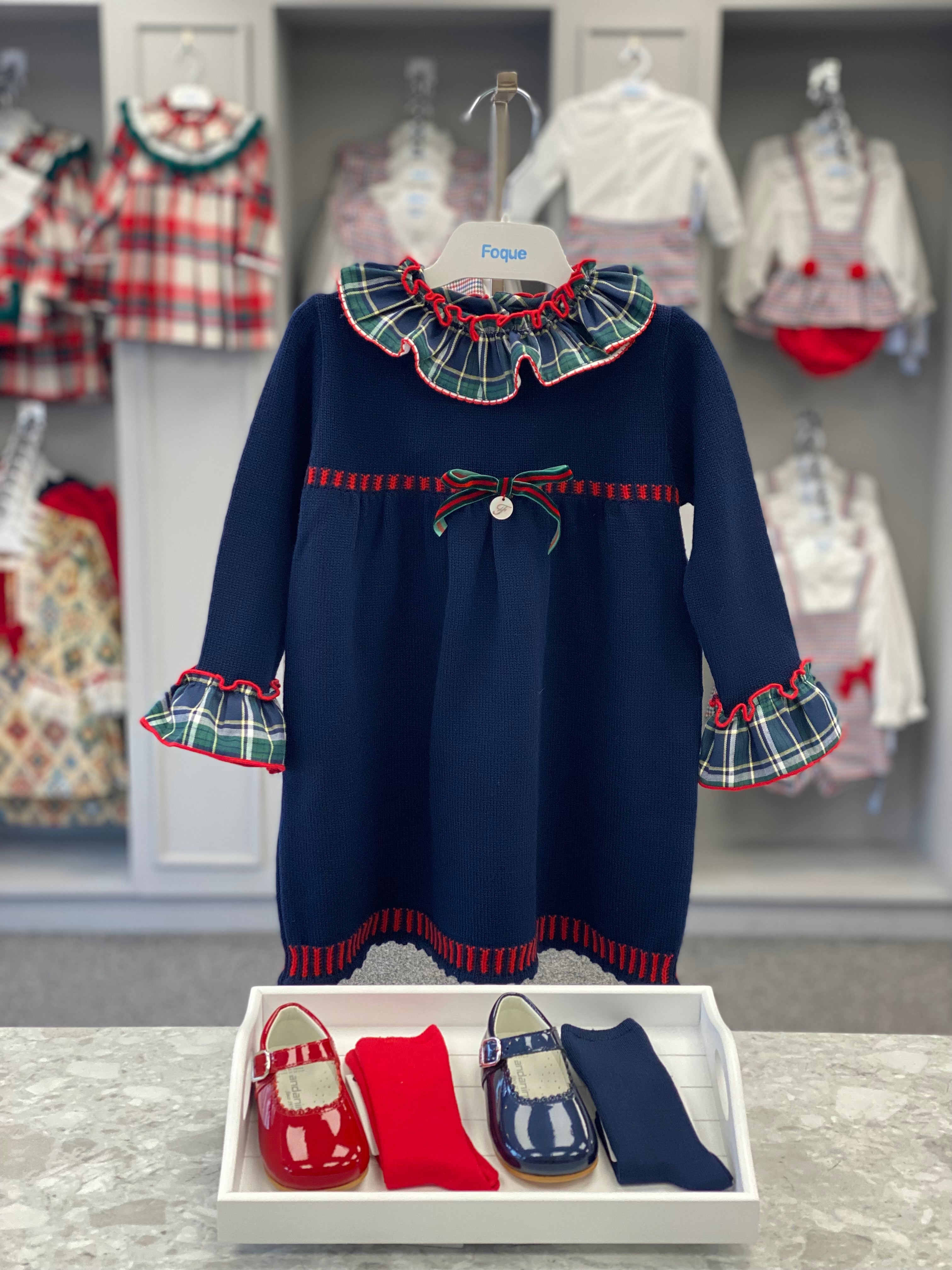 FOQUE Navy Tartan Girls Dress - CLEARANCE SALE