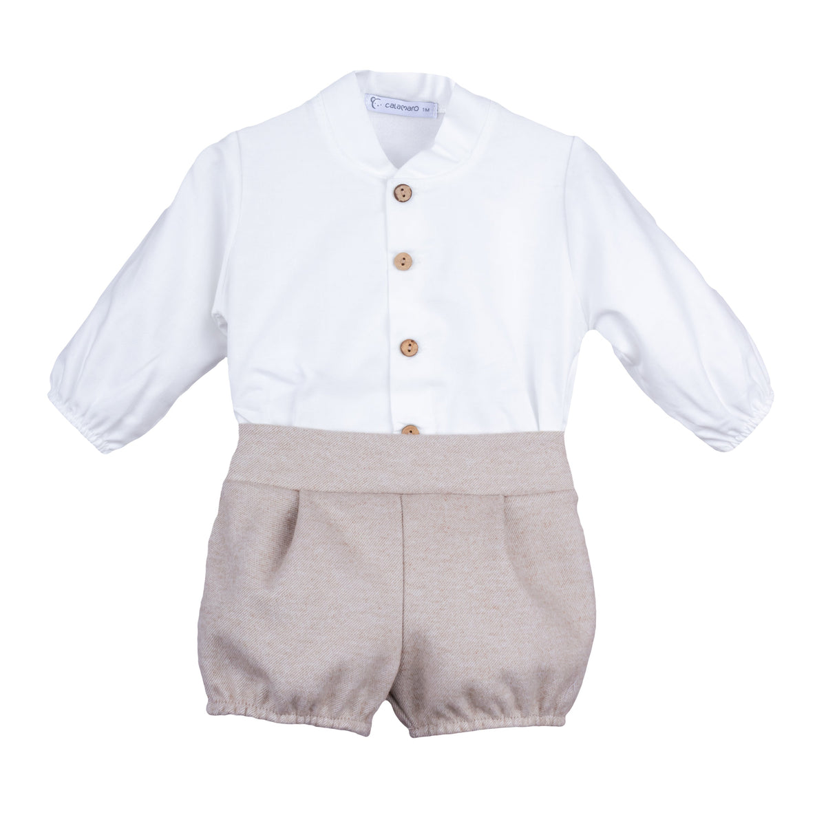 Calamaro Tajo white long-sleeve and stone beige bloomer baby romper