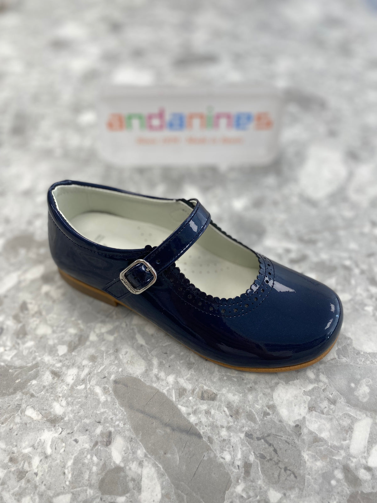 Andanines Navy Pearl Patent Leather Girls Mary Jane Shoes