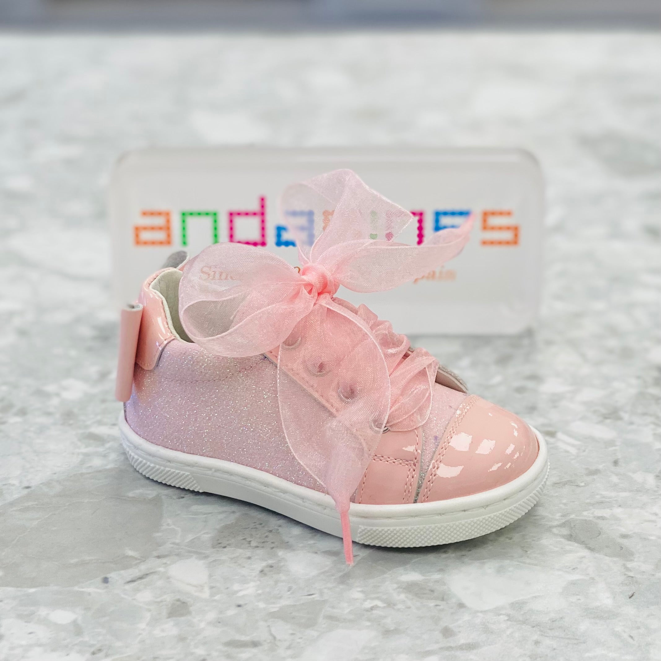 ANDANINES Pink Girls Patent Leather Glitter Trainers with Tulle Laces