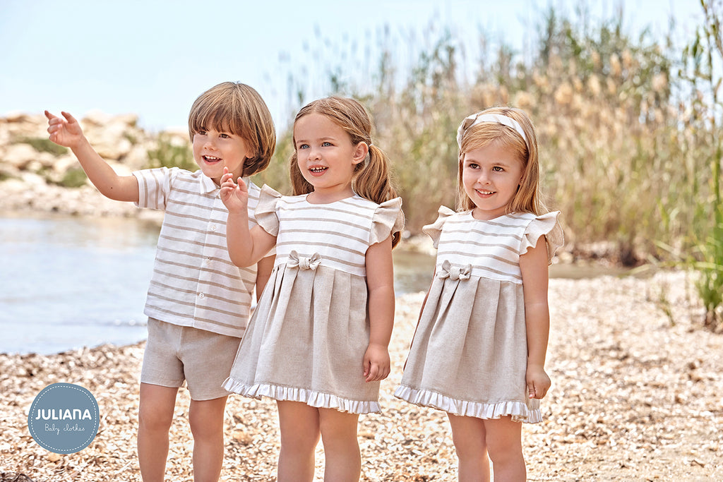 JULIANA Cap Negre Girls Beige & Cream Linen Dress