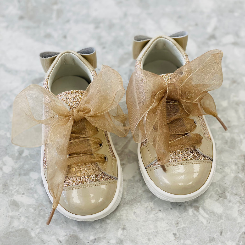 ANDANINES Beige Pearl Girls Leather Glitter Trainers