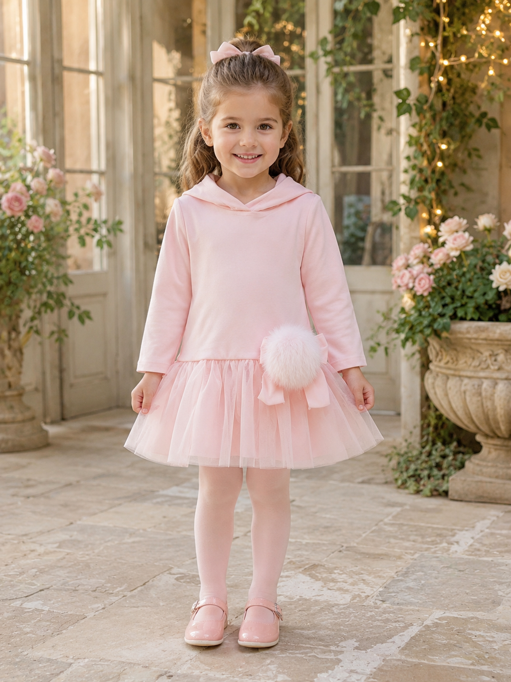 Little girl wearing Bimbalò girls pink hooded dress with tulle skirt, satin bow and faux fur pom pom detail.