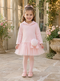 Little girl wearing Bimbalò girls pink hooded dress with tulle skirt, satin bow and faux fur pom pom detail.