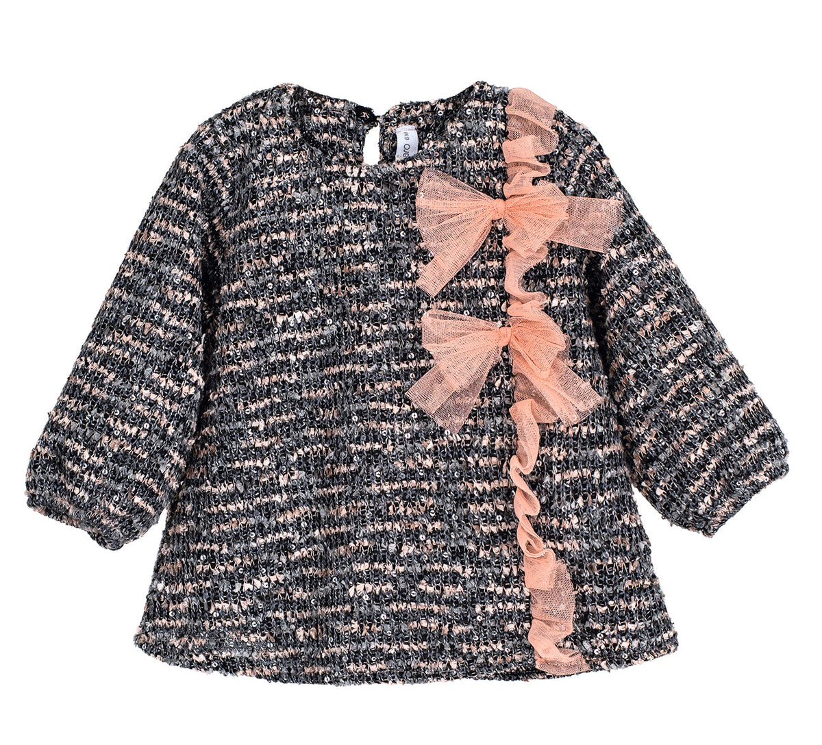Calamaro Lips grey and pink tweed A-line dress with tulle ruffle and bows