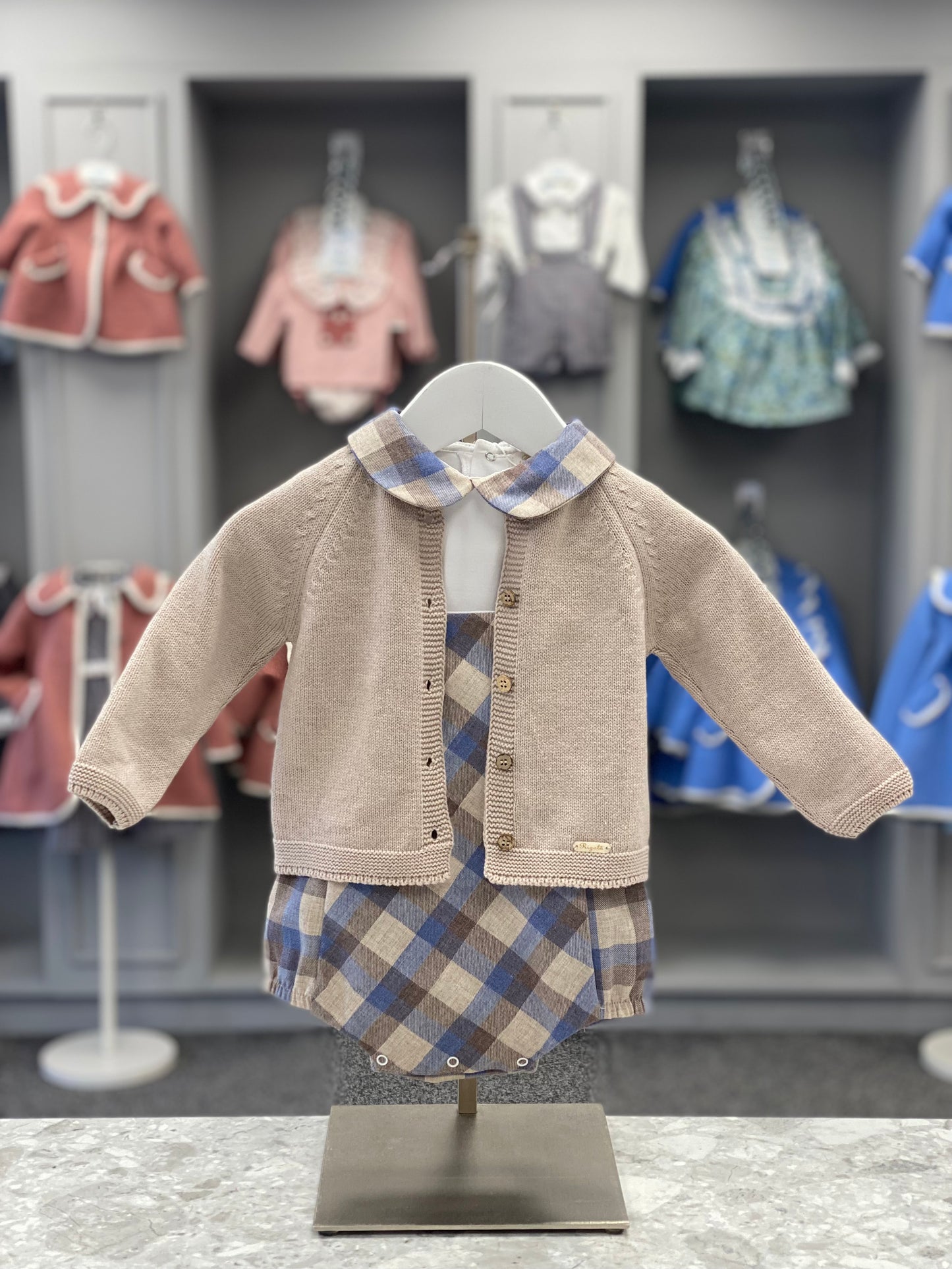 RIGOLA Blue & Beige Check Boys Romper Set with Cardigan