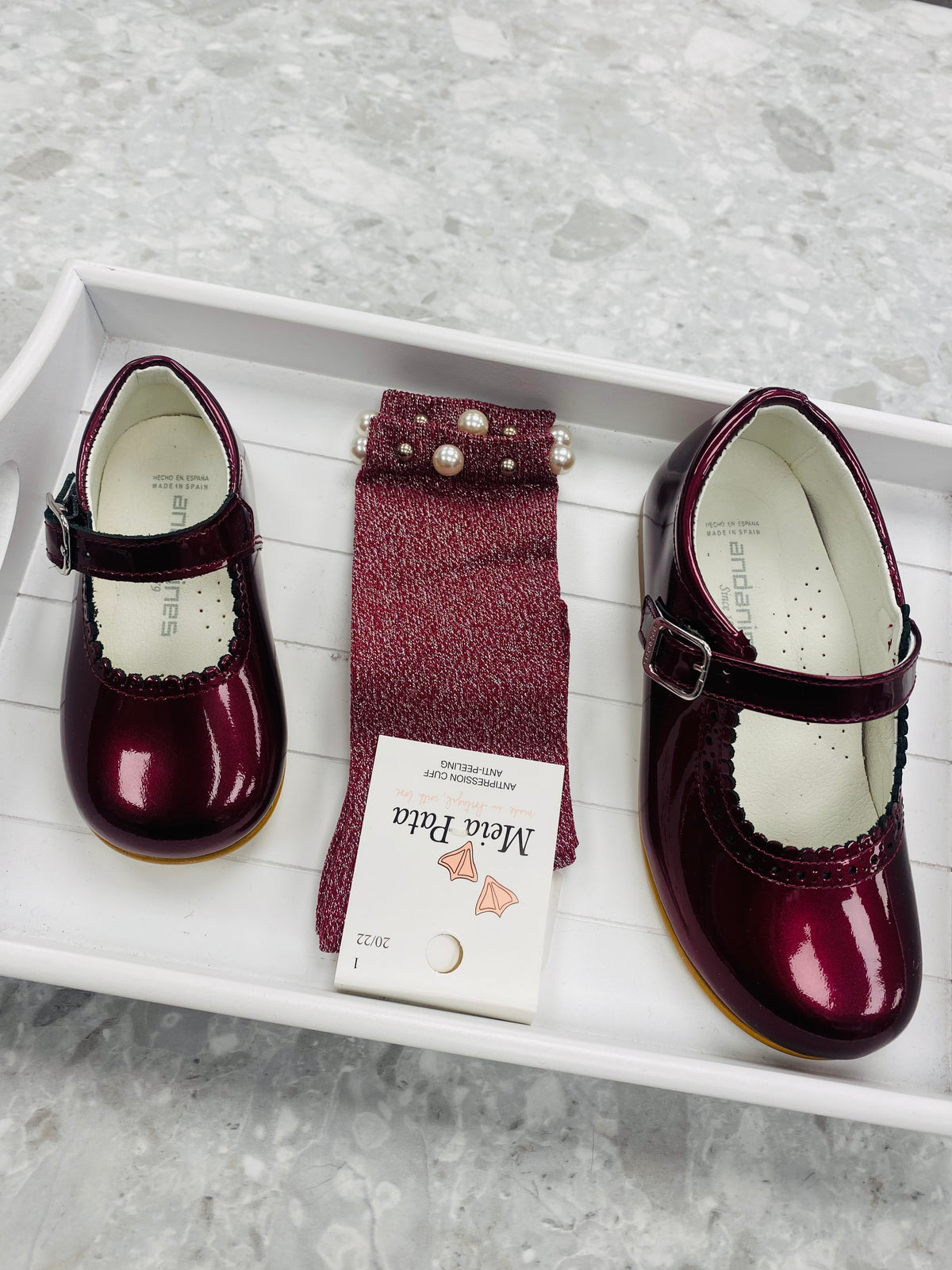 Meia Pata pearl and stud Bordeaux lurex girls knee high socks