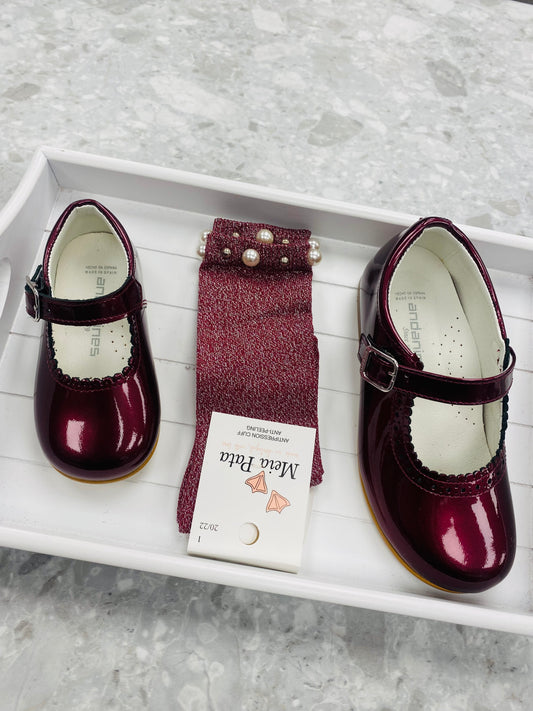 Meia Pata pearl and stud Bordeaux lurex girls knee high socks