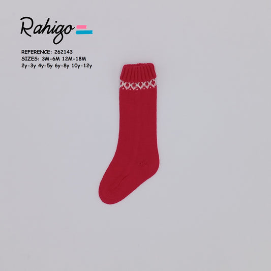 Rahigo red knee high socks with cream Nordic-inspired trim for boys and girls - 262143