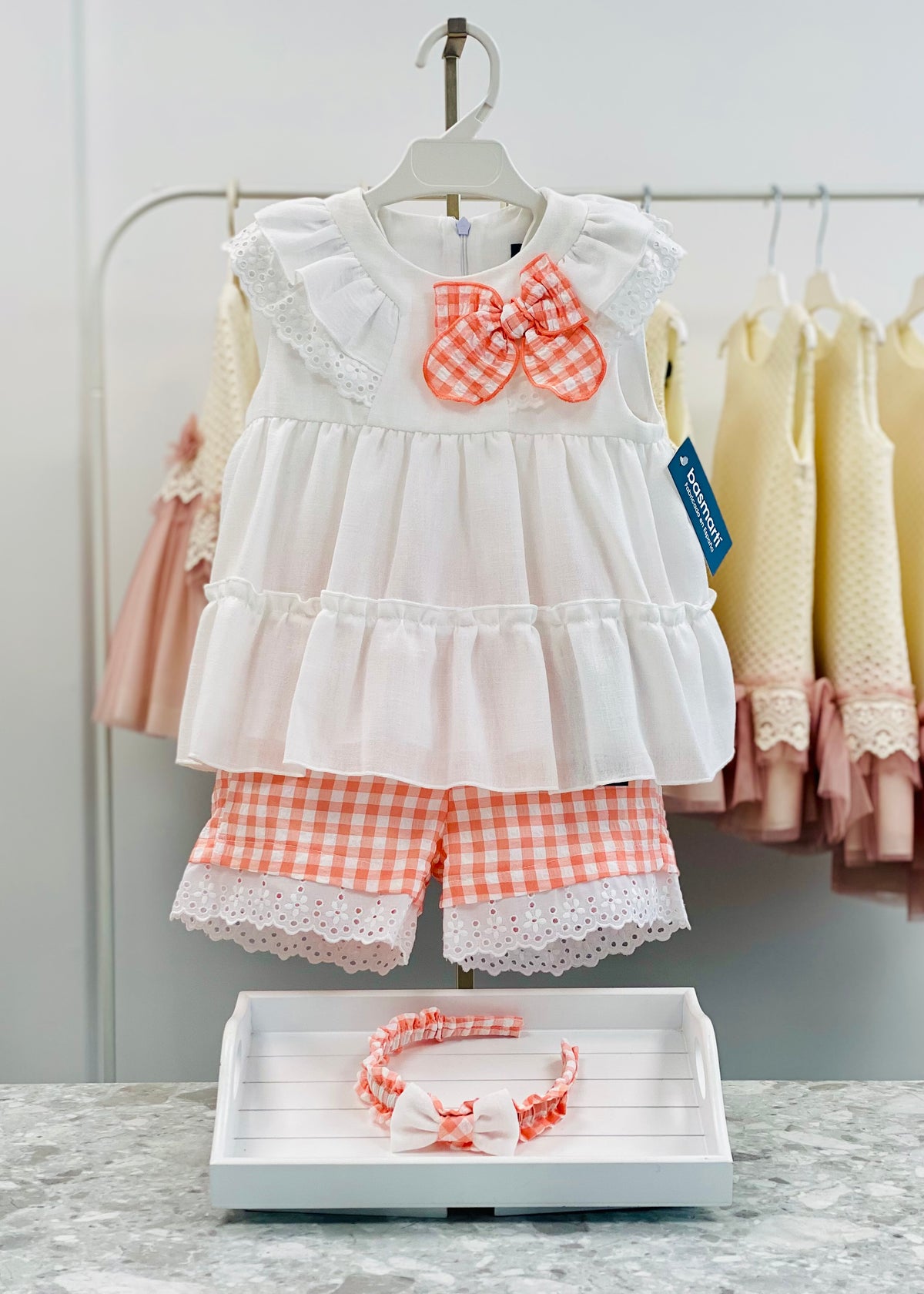 Basmarti Lola coral gingham shorts and white frill top with broderie anglaise detail