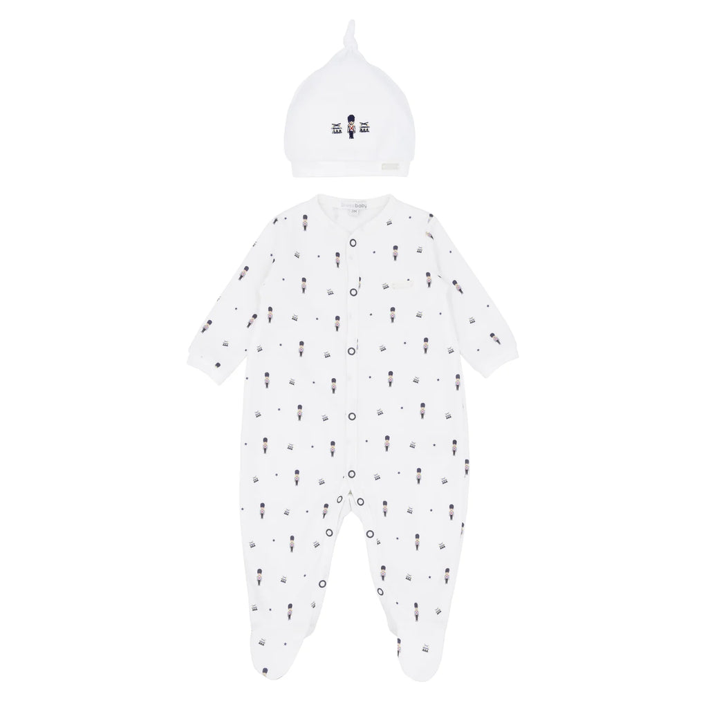 Blues Baby Sitges boys white cotton soldier print babygrow with matching embroidered hat