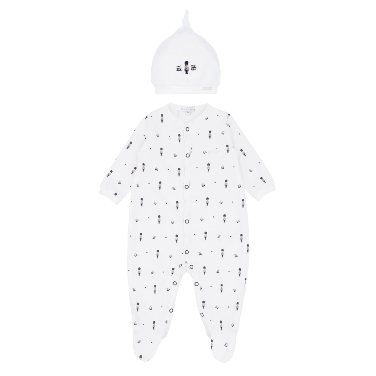 Blues Baby Sitges boys white cotton soldier print babygrow with matching embroidered hat