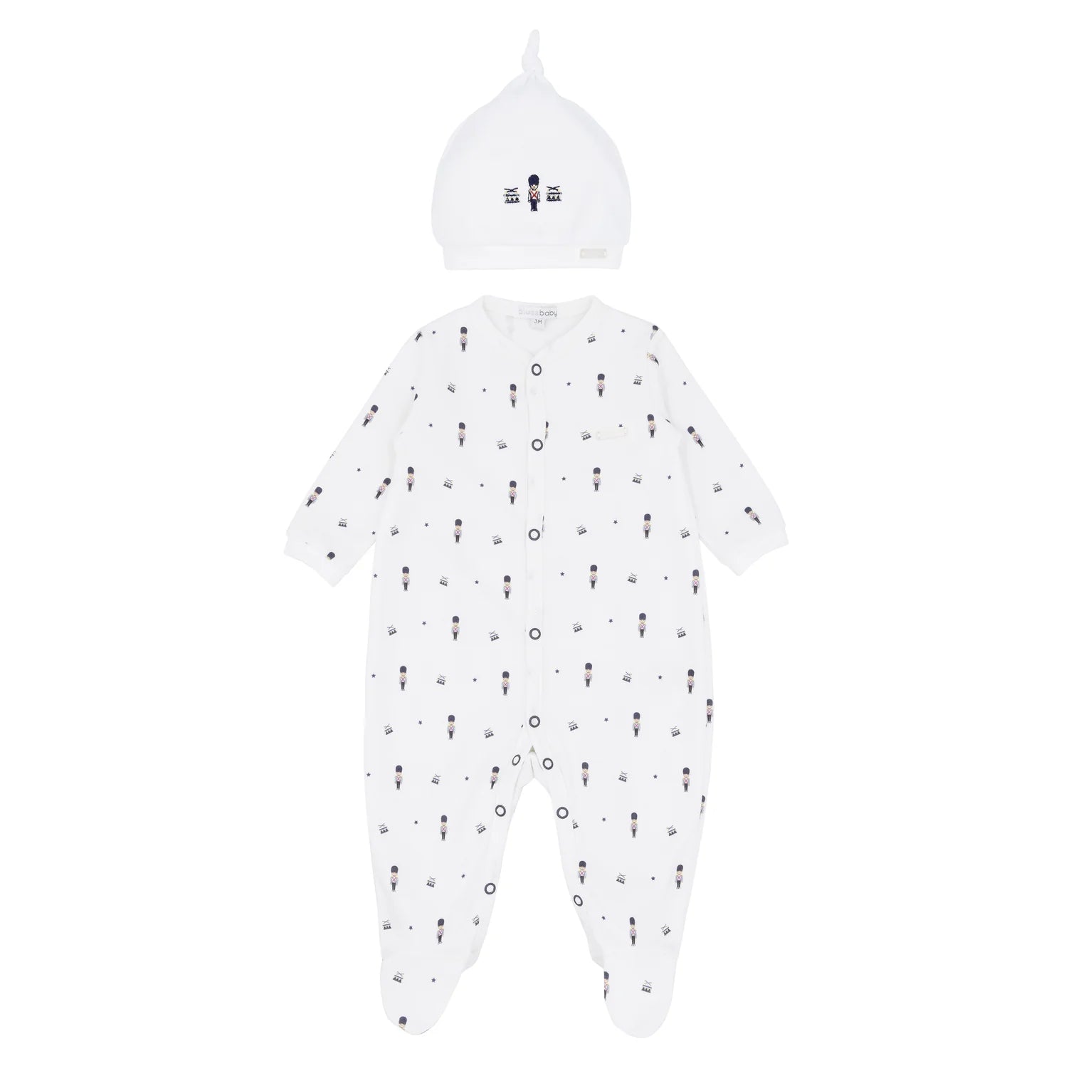 Blues Baby Sitges boys white cotton soldier print babygrow with matching embroidered hat